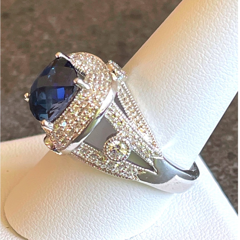 Sterling Silver Cushion-Cut Blue Simulated Sapphire &CZ Halo Statement Ring SZ10 - Picture 3 of 10